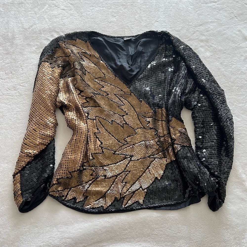 VINTAGE Sequin Black Gold Silk Blend V-Neck Blouse